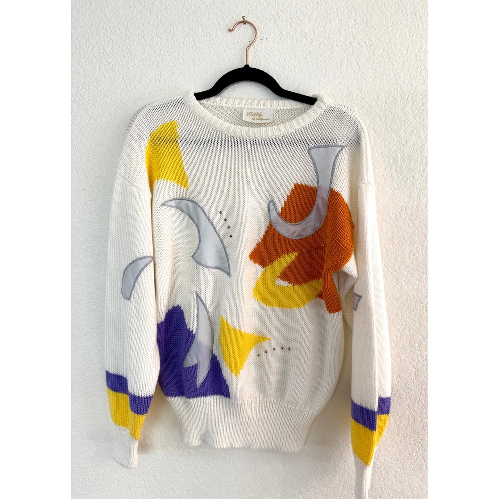 Dilly‎ of California Womens Vintage Sweater Abstract Geometric White Yellow